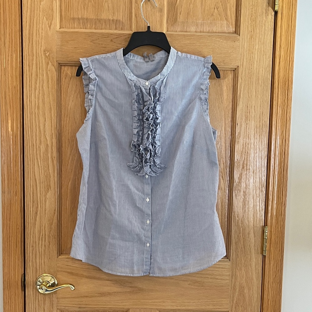 Caslon - Striped Blue & White Ruffle Blouse - Sleeveless - Large